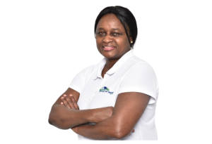 female cash buyer with a polo shirt of the company with arms crossed